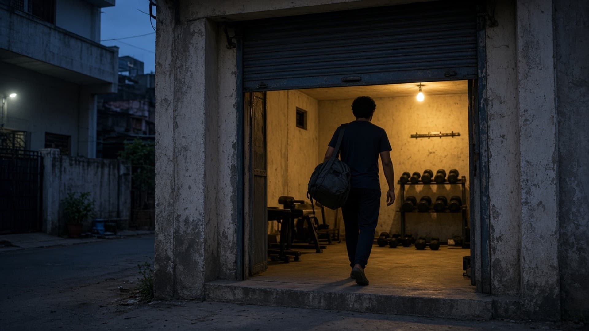 Someone walking into a neighbourhood gym at dusk