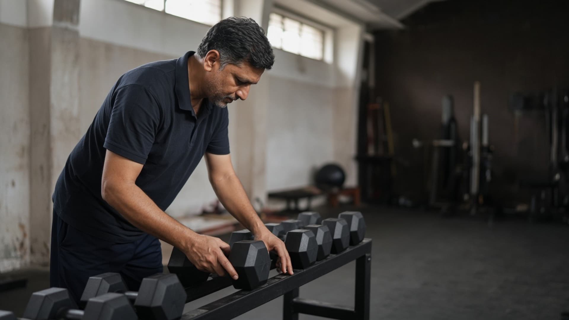 Coach setting dumbbells on a rack before a session