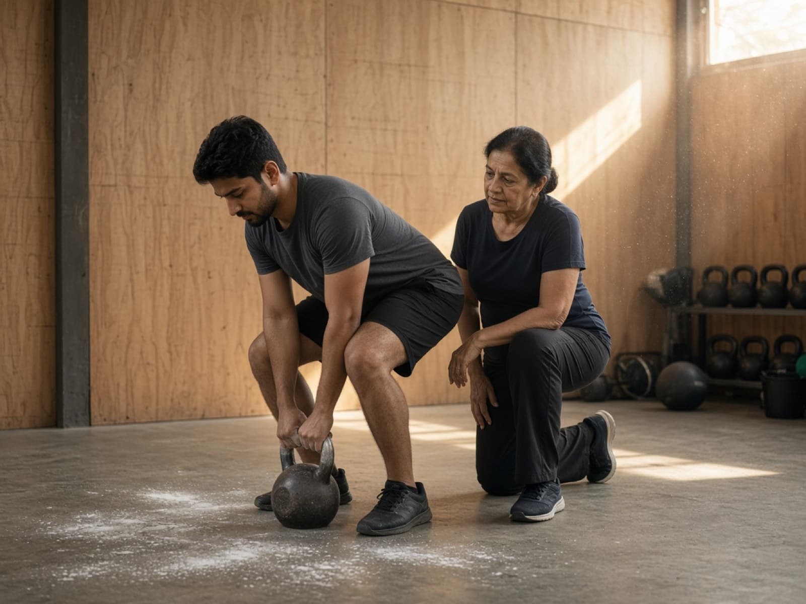 Coach watching a kettlebell setup in a daylight studio